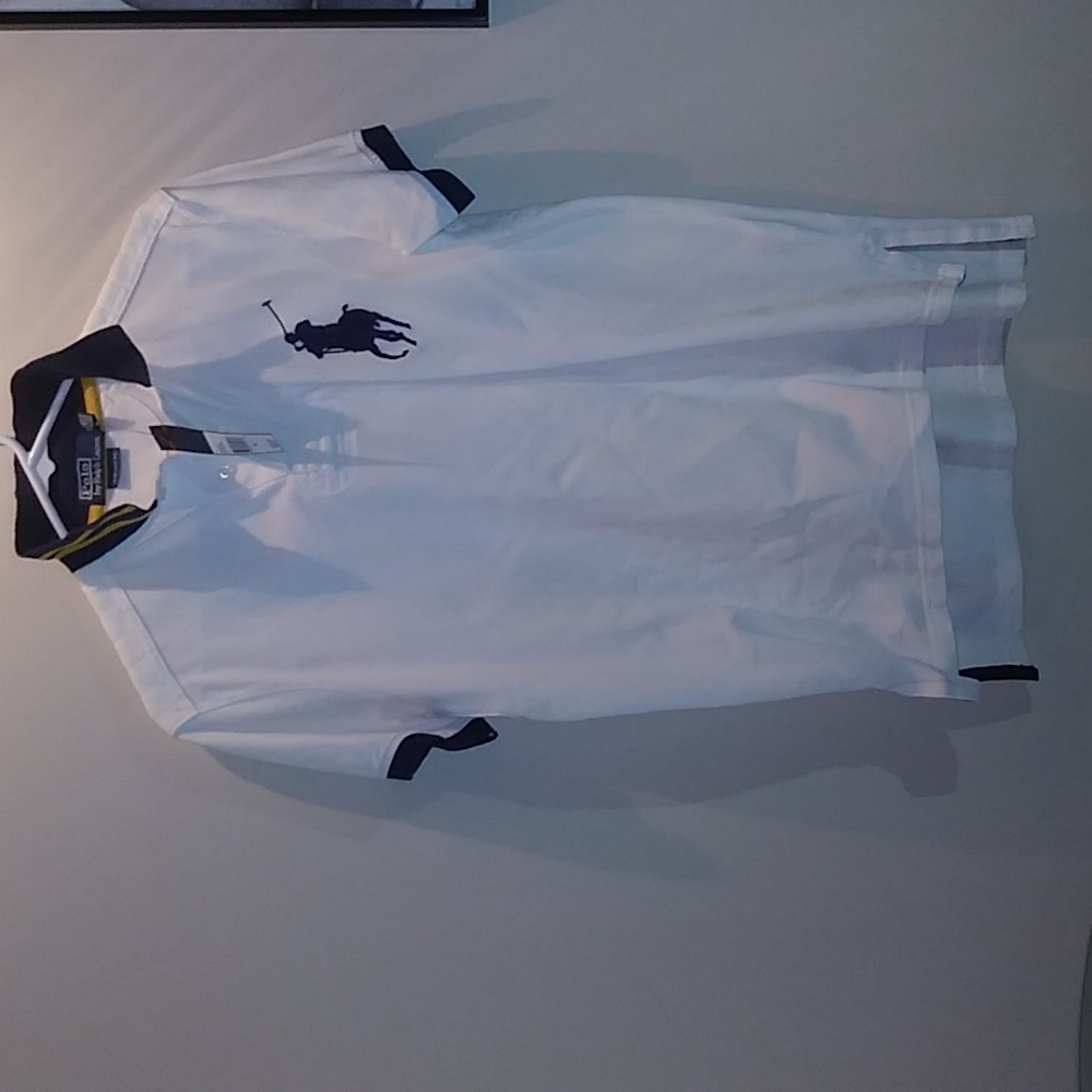 Men's Polo Ralph Lauren Custom Fit Medium Big Pony White/Blue Polo Shirt